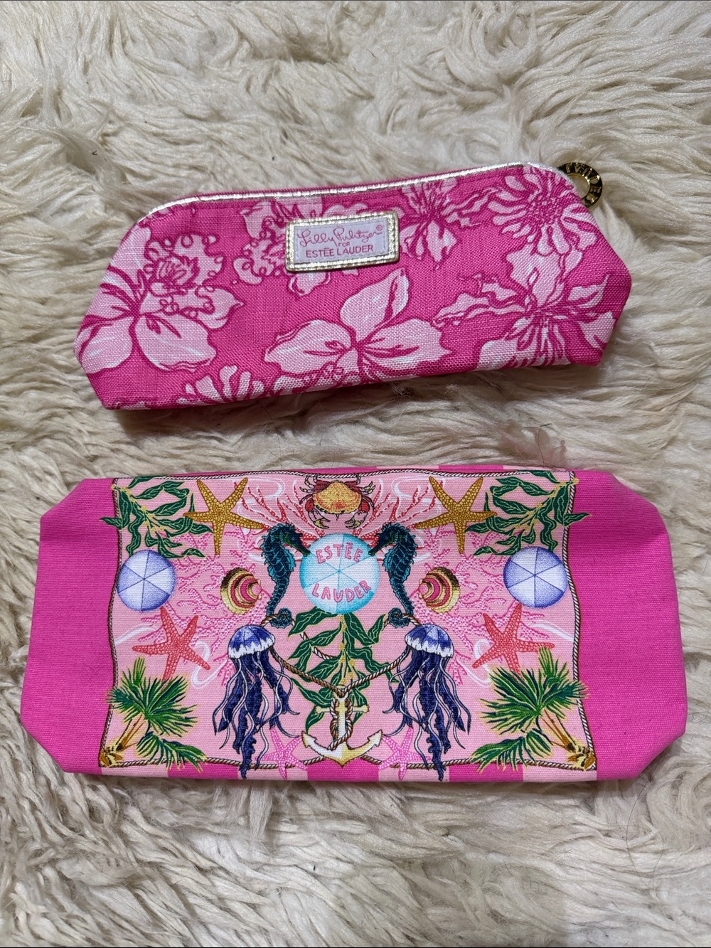 Estee Lauder Pink Floral & Ocean Print Cosmetic Pouch Duo